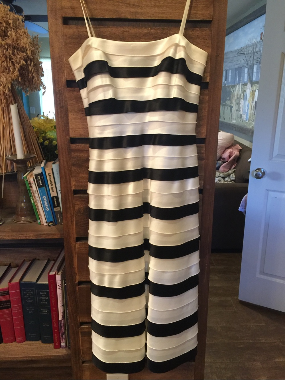 BCBGMaxAzria Cream and Black Striped Midi Slip Dress